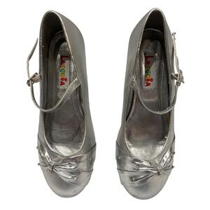 Lasonia Mary Jane Heels Girls Size 4 Silver Metallic Rhinestone Bow Dress Shoes